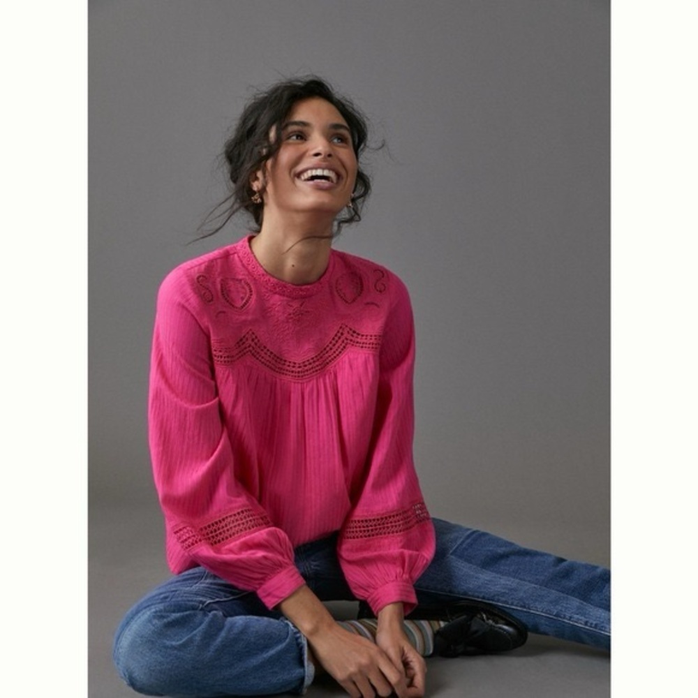 Anthropologie harmony hotโ pink long sleeve blouse